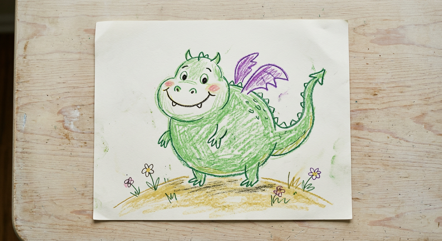 A child's crayon drawing of a round green dragon
