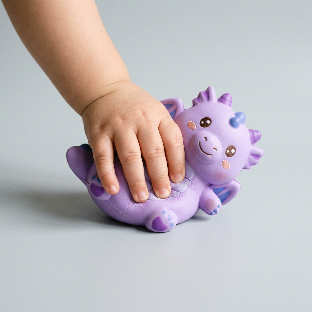 An illustration of a small hand pressing into a soft purple dragon squishy
